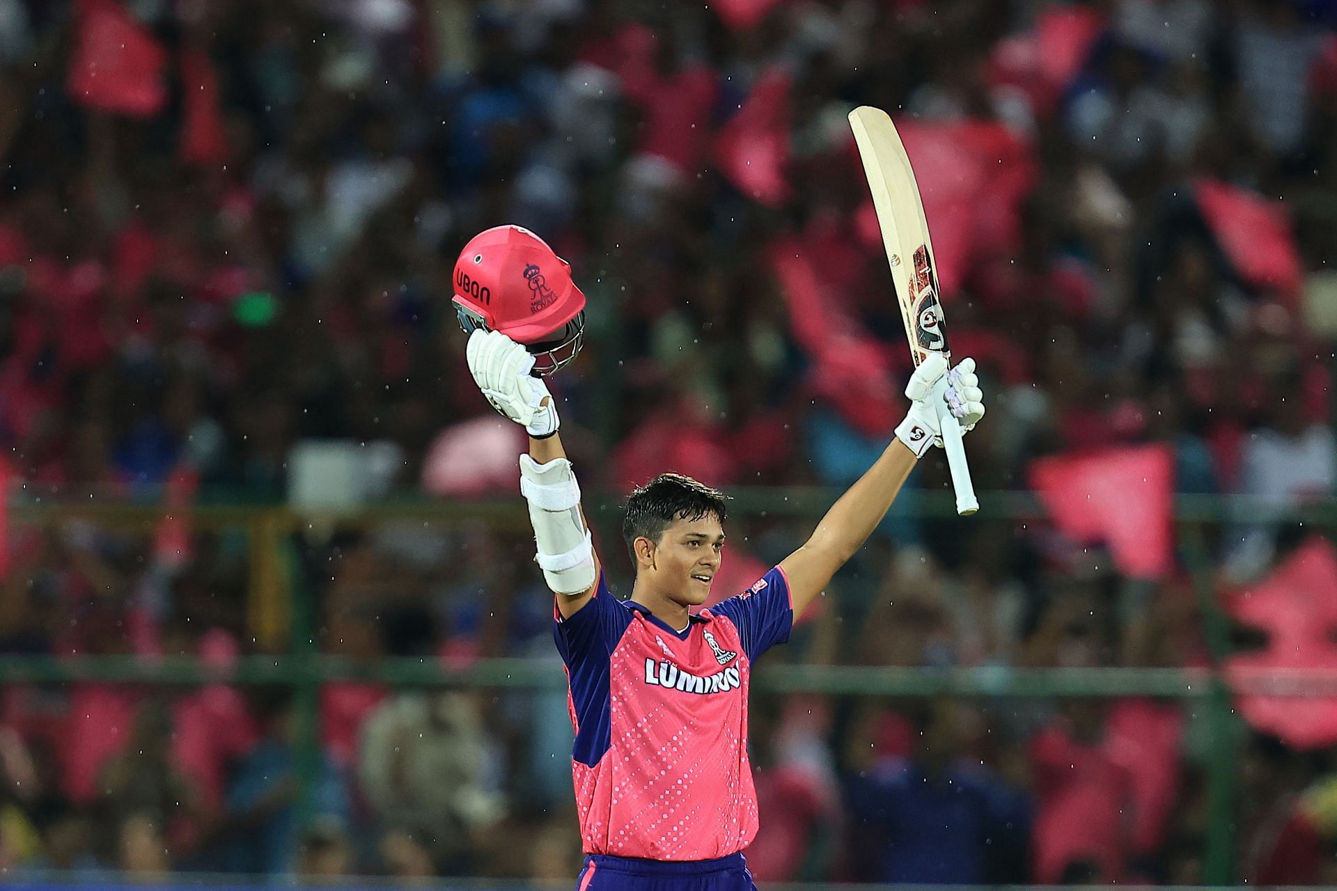 Rajasthan Royals batter Yashasvi Jaiswal is celebrating his century during the Indian Premier League.