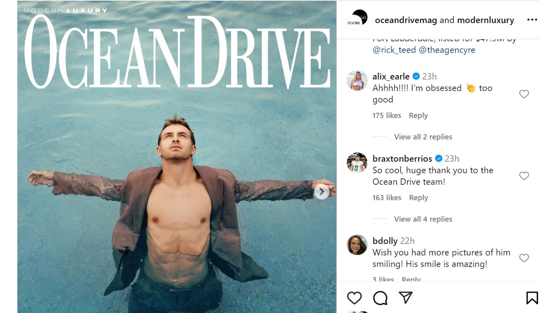 Braxton Berrios and Alix Earle comment on Ocean Drive magazine&#039;s post [Image credit: @oceandrivemag, @modernluxury IG]