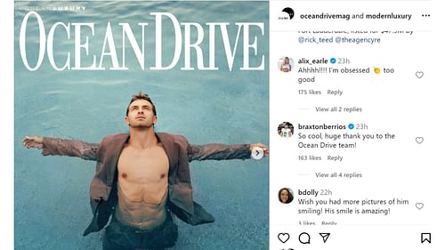 Braxton Berrios and Alix Earle comment on Ocean Drive magazine's post [Image credit: @oceandrivemag, @modernluxury IG]