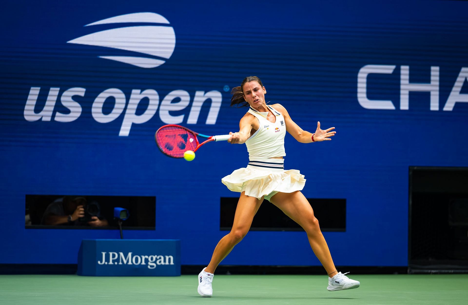 Emma Navarro in her white and green Fila ensemble at the 2024 US Open.