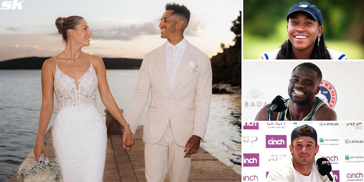 Coco Gauff, Frances Tiafoe and Tommy Paul congratulate Michael Mmoh on his wedding (Source: @michaelmmoh on Instagram (L); Getty)