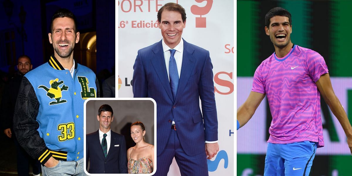 (L-R) Novak Djokovic, Rafael Nadal, Carlos Alcaraz, Inset: Djokovic with wife Jelena (Images: Getty)