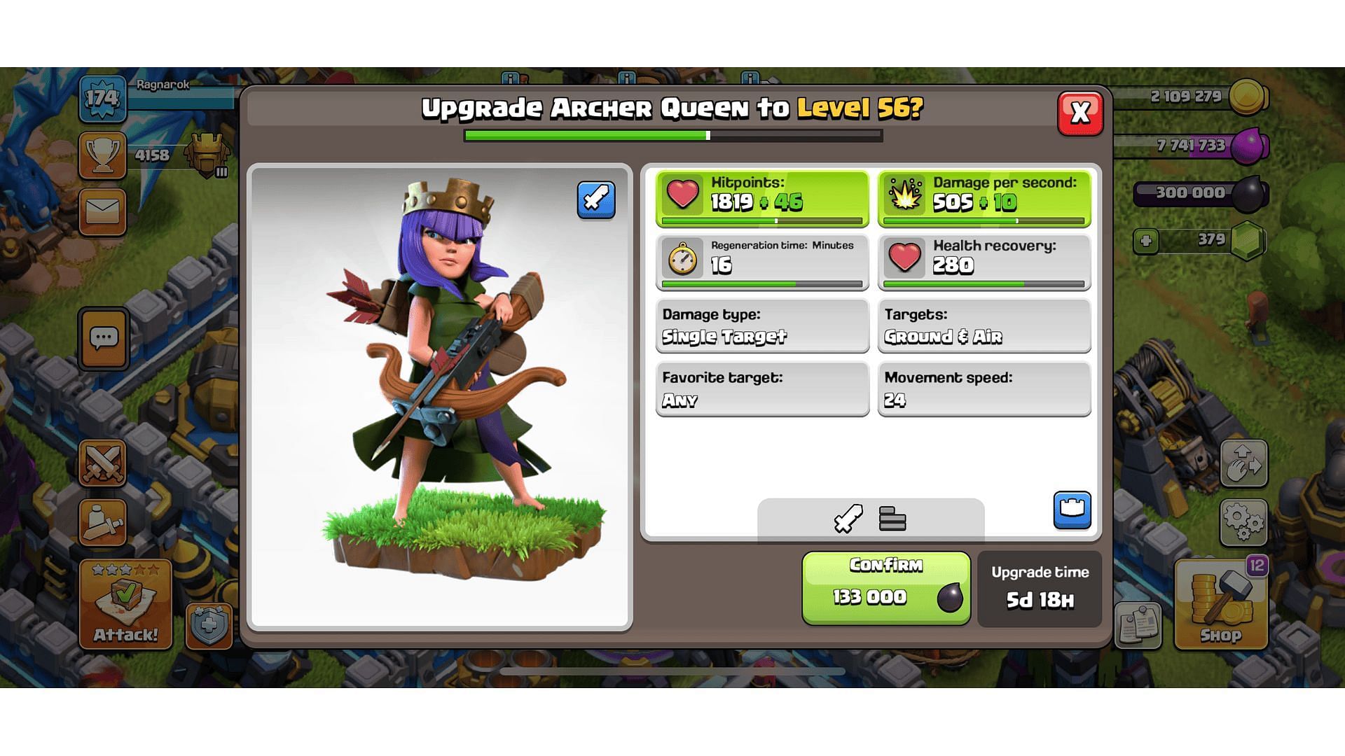 Level 56 Archer Queen&#039;s stats (Image via Supercell)