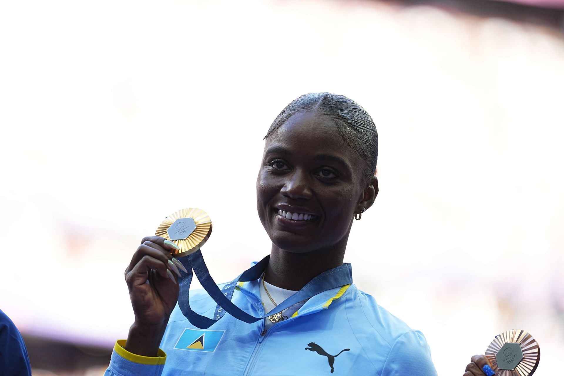 Julien Alfred celebrates after competing at the Olympic Games 2024 in Paris, France. (Photo by Getty Images)