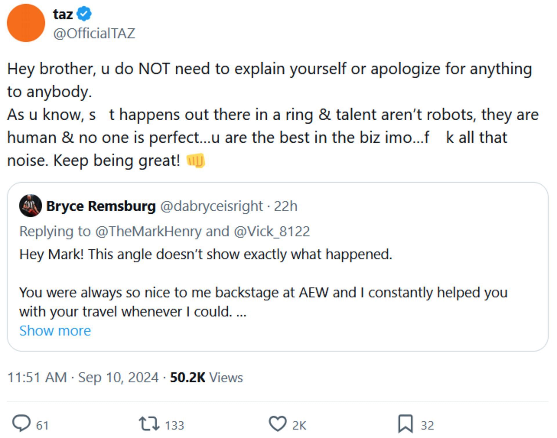 Screenshot of Taz&#039;s censored tweet to Bryce Remsburg (Photo Credit: Taz on X)