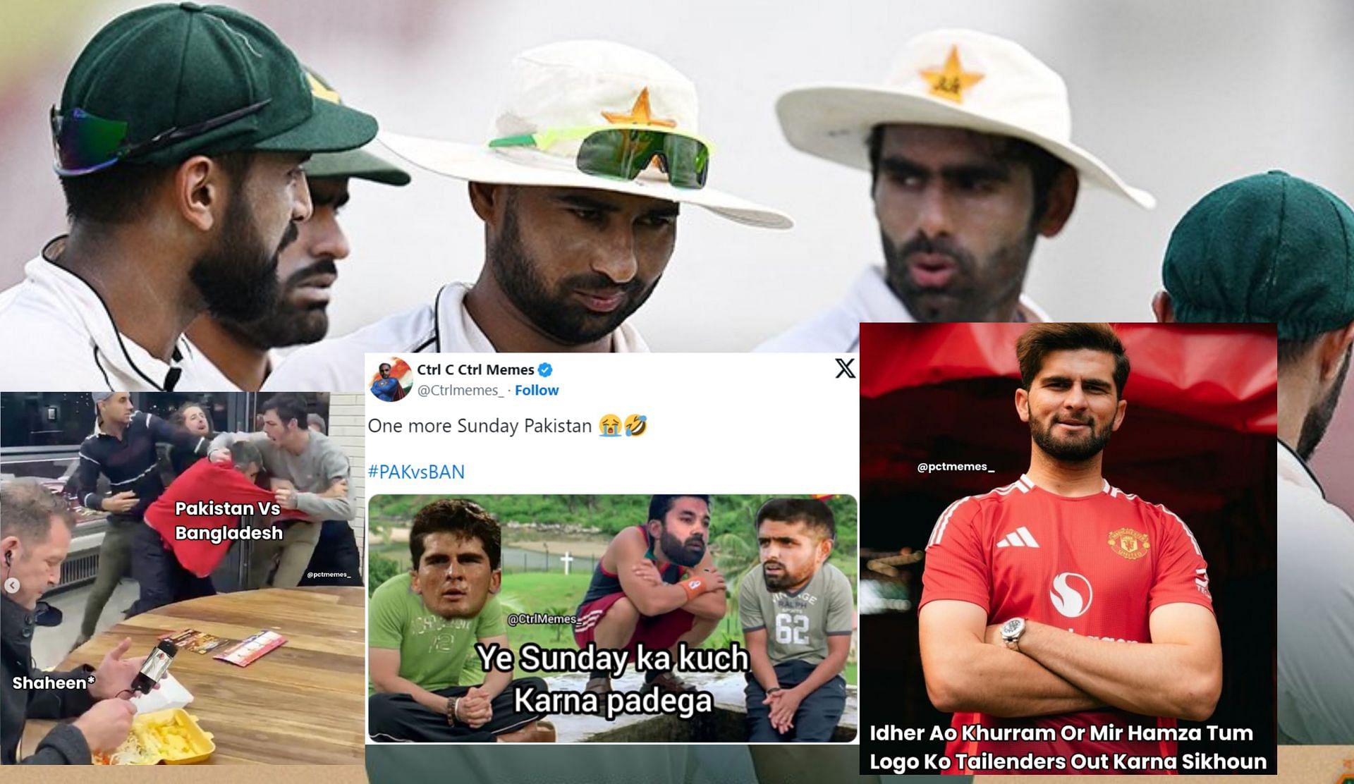 Fans react with memes after action on day 3 of Pak vs Ban Test. (Image: X - @TheRealPCB, @Ctrlmemes_, Instagram - @pctmemes_ )
