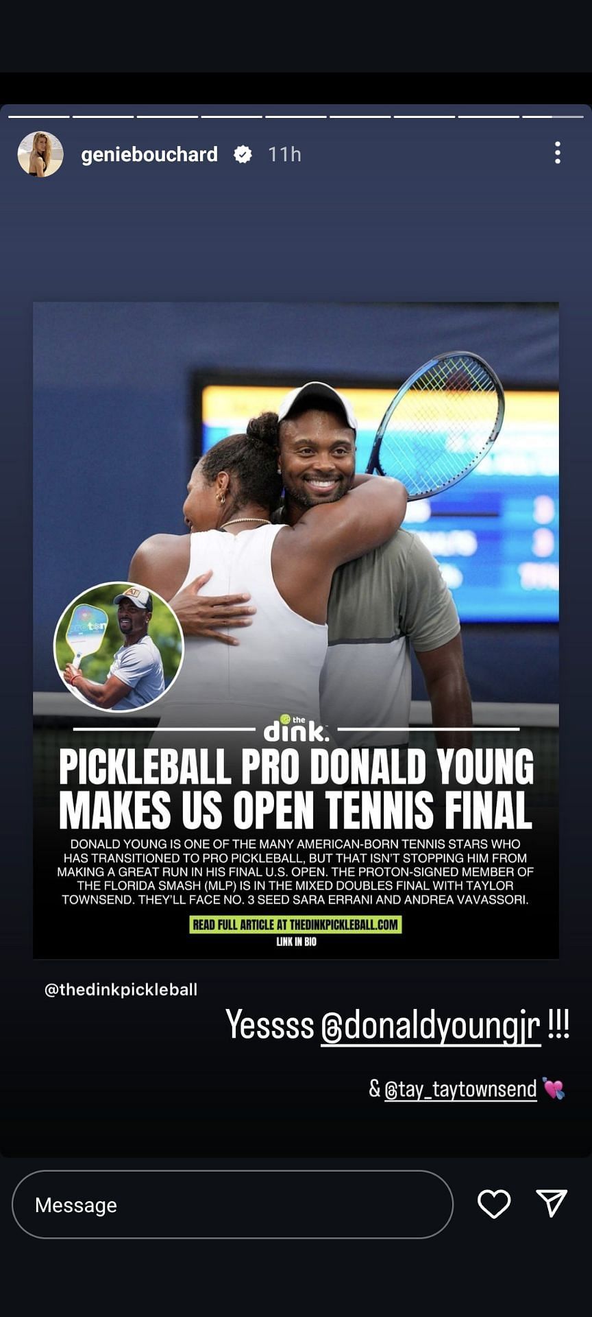 Eugenie Bouchard congratulated fellow Pickleball player Donald Young (IMAGE: via @geniebouchard on Instagram) 