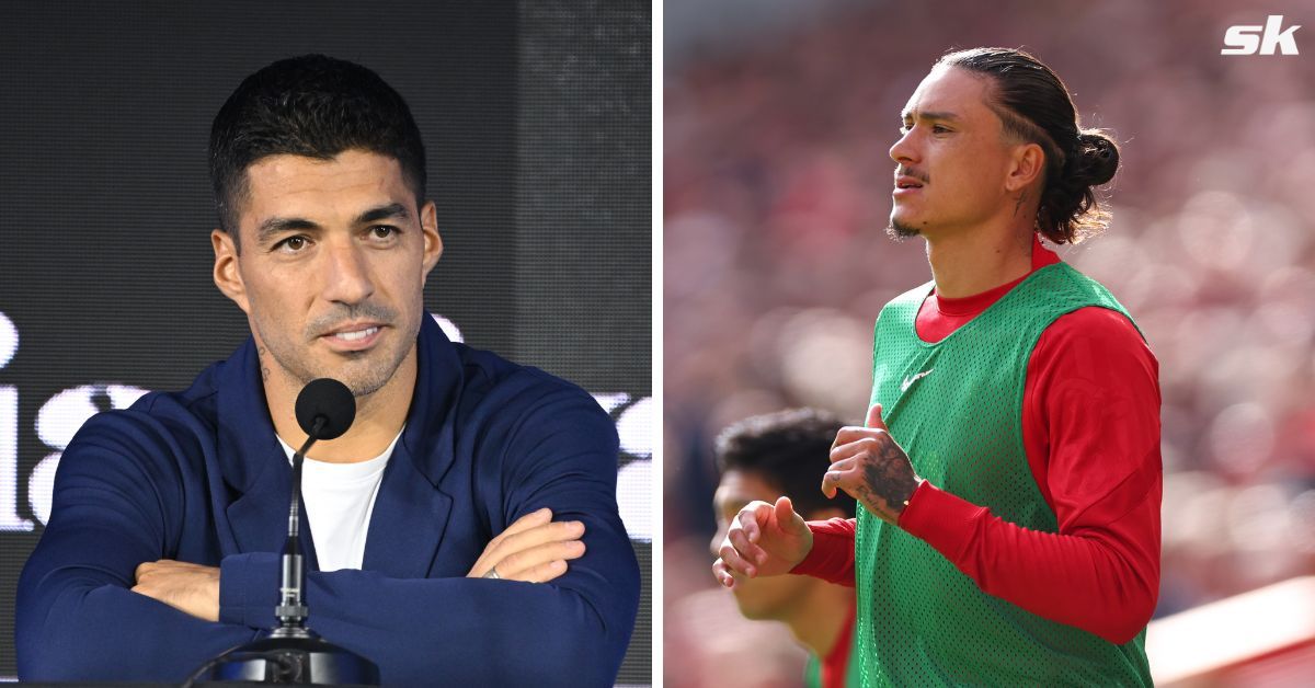 Luis Suarez reacts after Darwin Nunez nets incredible goal to get off the mark with Liverpool this season