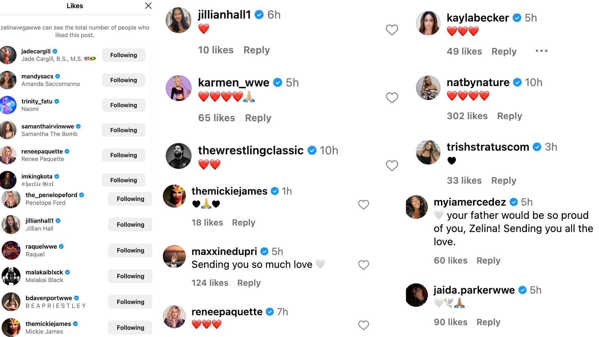 Stars react to Zelina Vega&#039;s message about her father on Instagram.