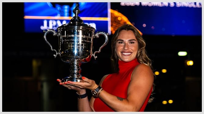 In Pictures: Aryna Sabalenka dazzles in spectacular red gown as she poses with her trophy during US Open 2024 champion's photoshoot