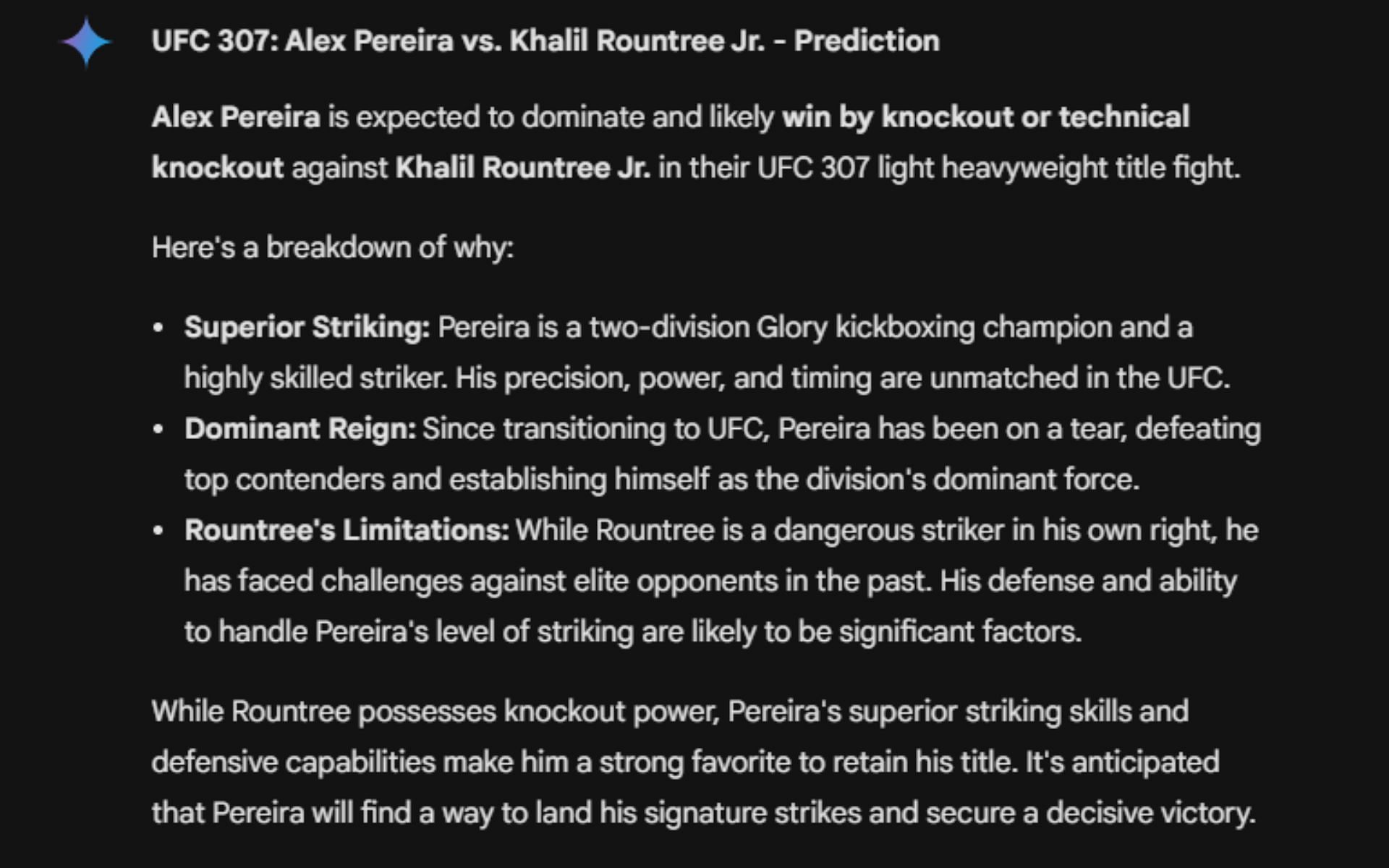 Screenshot of Google&#039;s AI prediction for Alex Pereira vs. Khalil Rountree Jr.