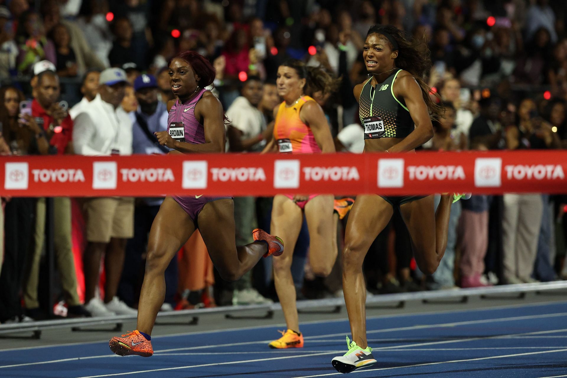 Brittany Brown of the USA reaching the finish line ahead of Gabby Thomas at Athlos NYC [Image Source : Getty]