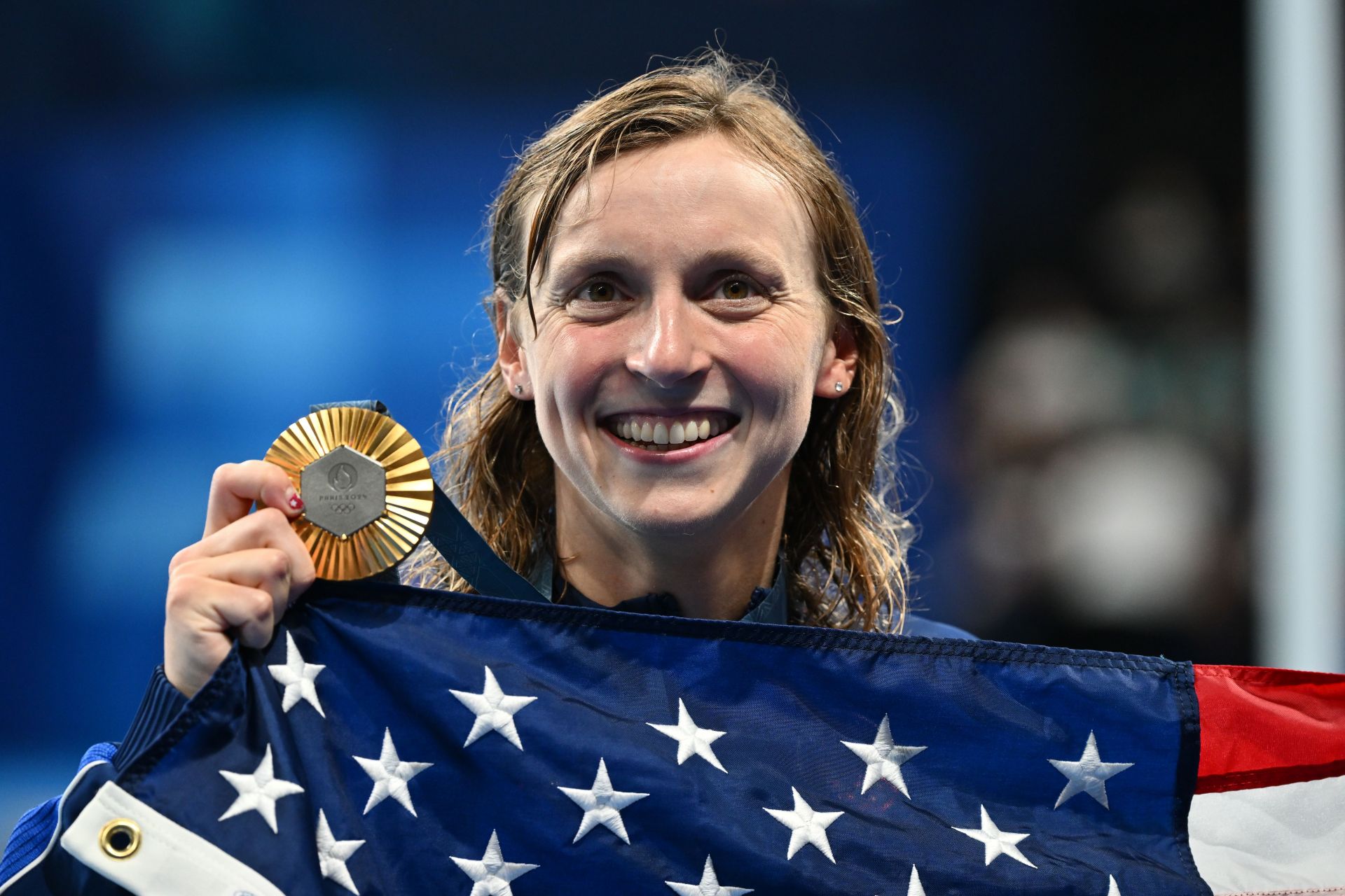 Katie Ledecky with a gold medal at the 2024 Paris Olympics. (Photo by Image Photo Agency/Getty Images)