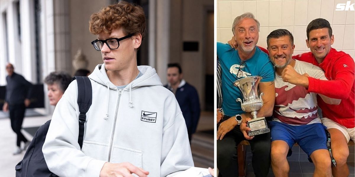 Jannik Sinner (L); Novak Djokovic pictured with Marco Panichi and Ulises Badio (R) - Image Source: Getty, Instagram @djokernole