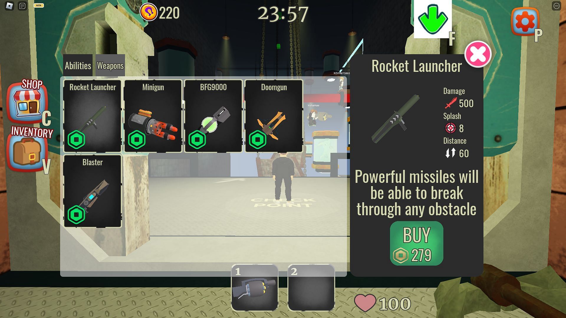 The weapons in-game shop in Run from the Pony Factory (Image via Roblox)