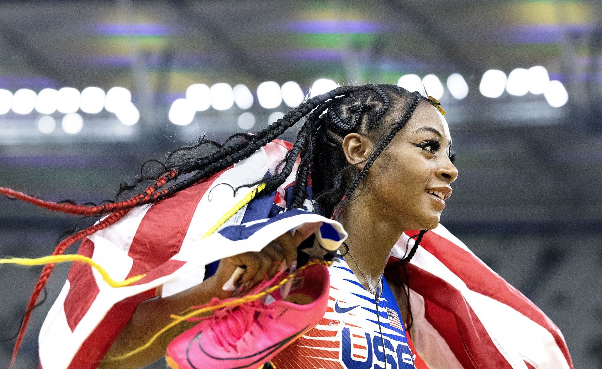 Sha&#039;Carri Richardson celebrates her wins at the 2023 World Championships (Source: Getty)