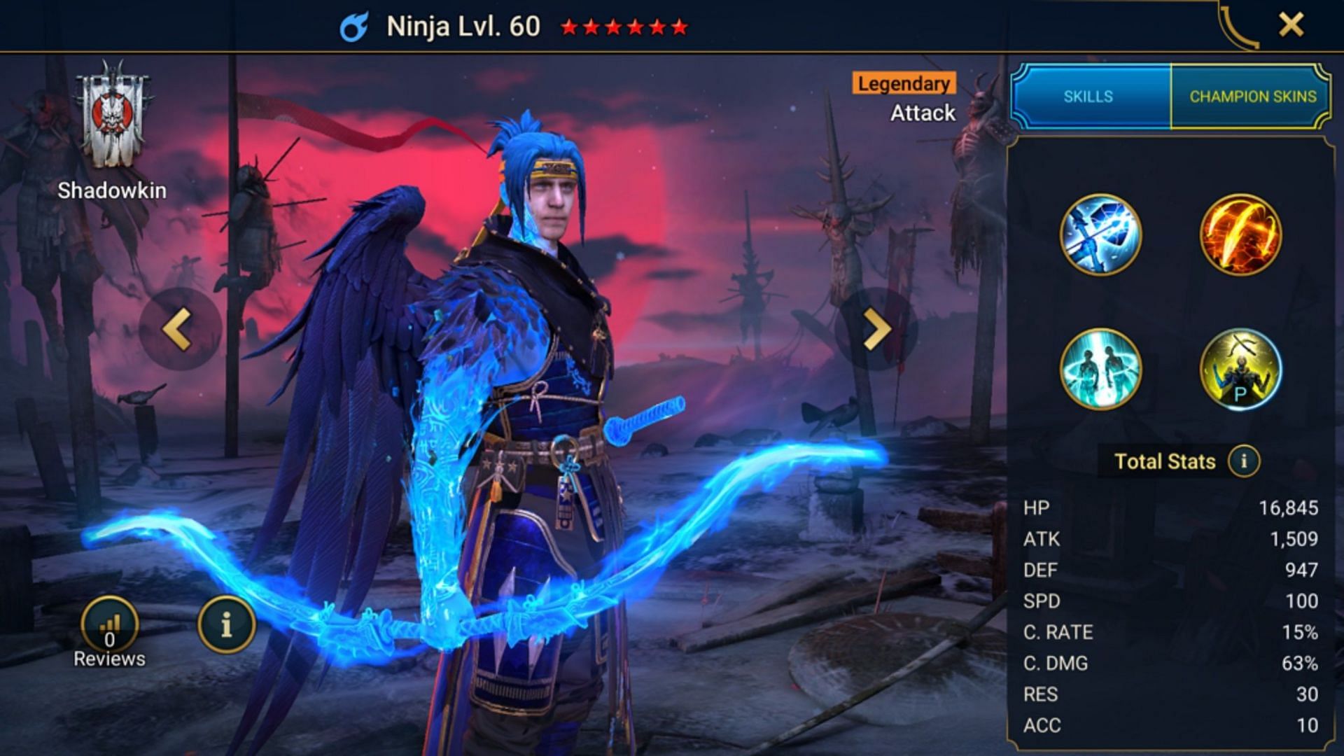 NINJA&#039;s stats (Image via Plarium)