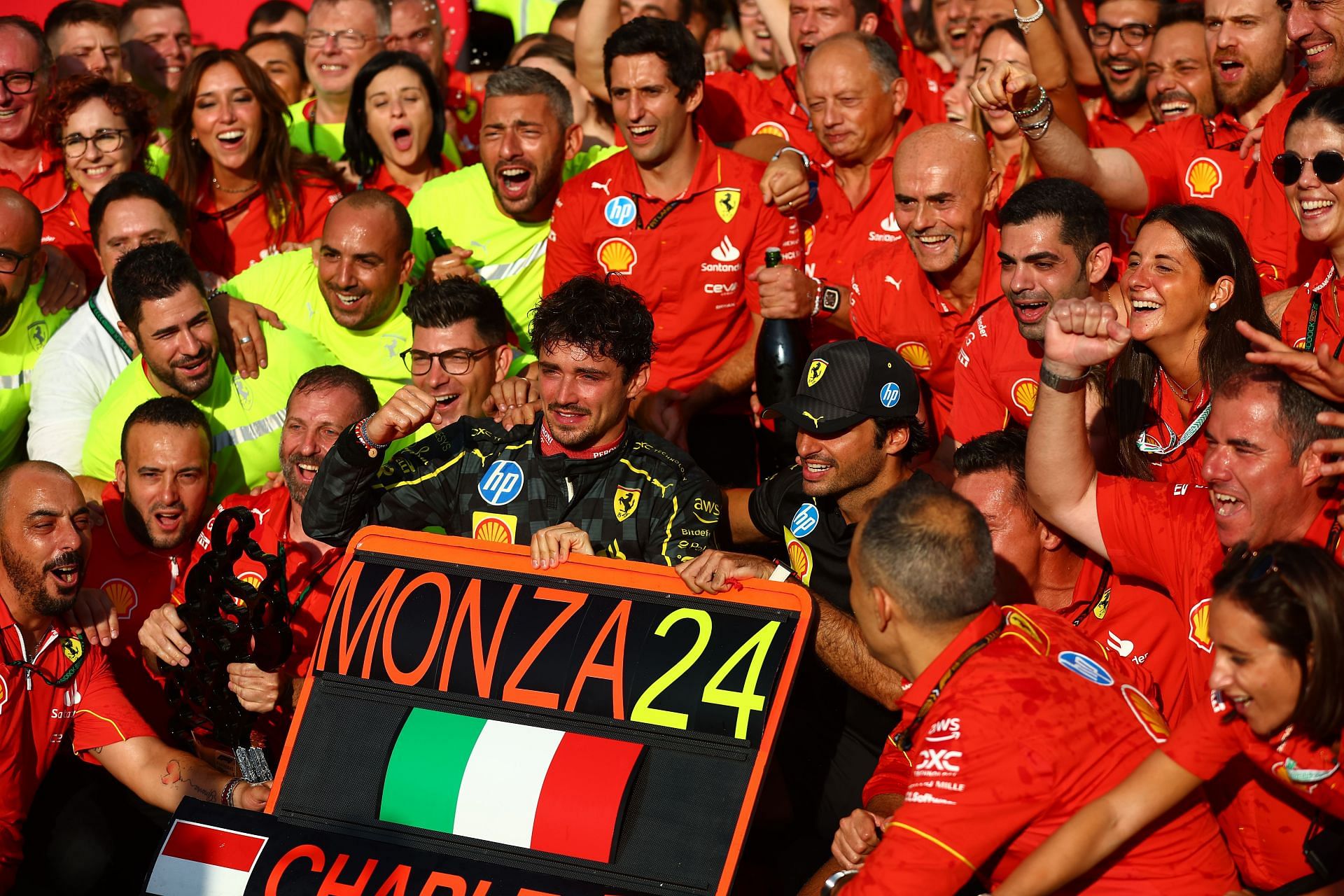 Carlos Sainz and Charles Leclerc celebratte Ferrari&#039;s win at Monza (Source: Getty)