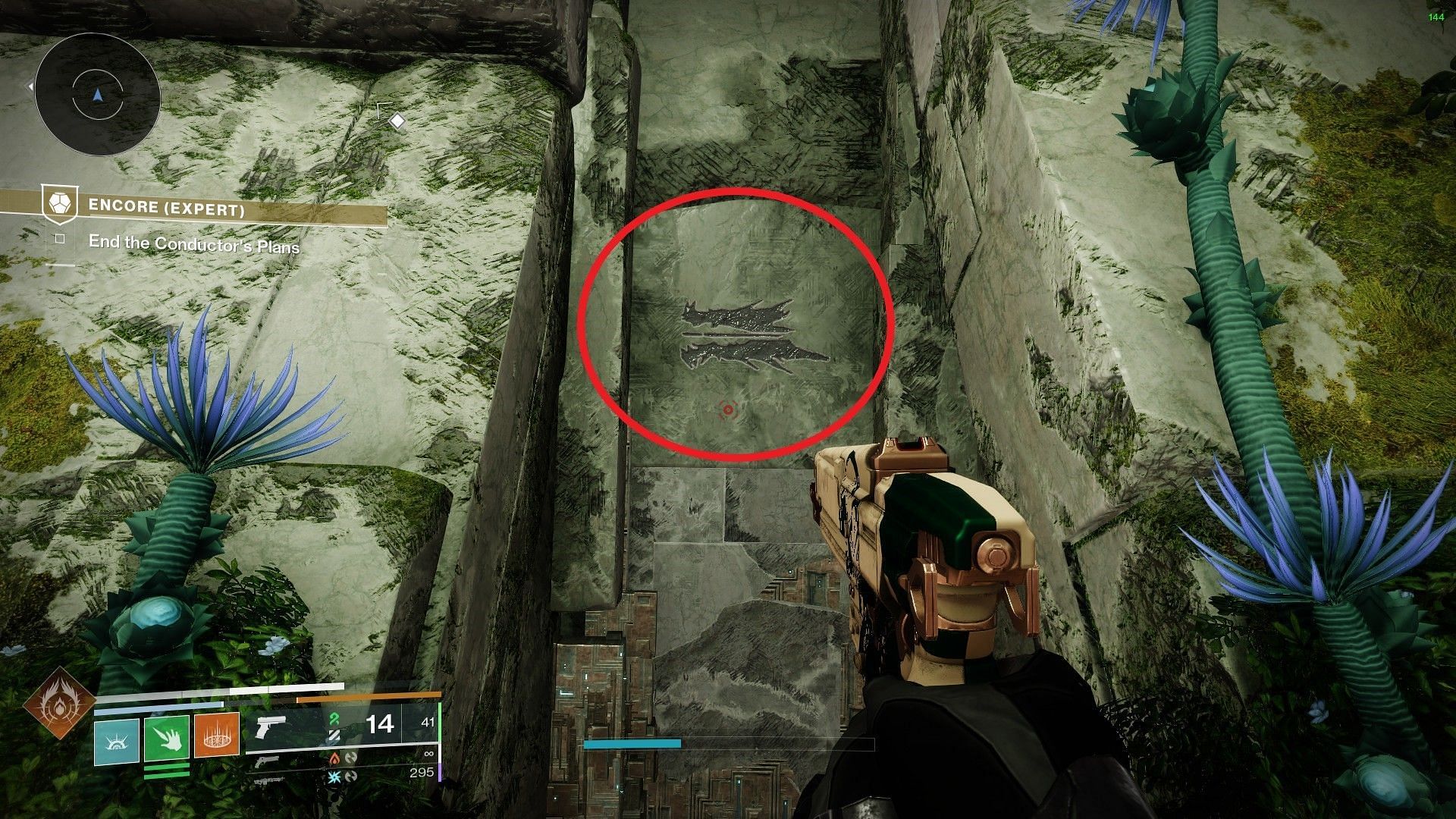 Whisper symbol on the wall of Destiny 2 Encore Expert (Image via Bungie)