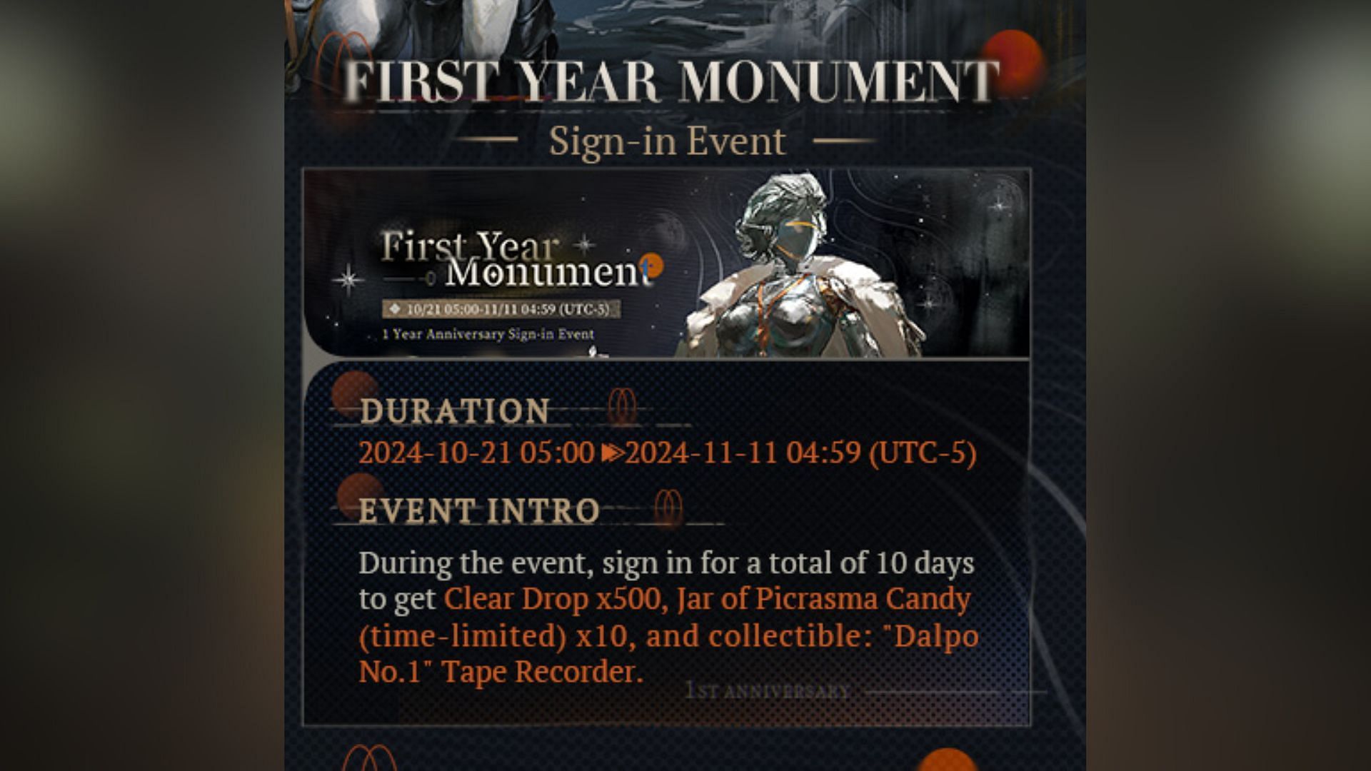 Players can get Clear Drops, Jar of Picrasma Candy, and more from the sign-in event, First Year Monument. (Image via Bluepoch)