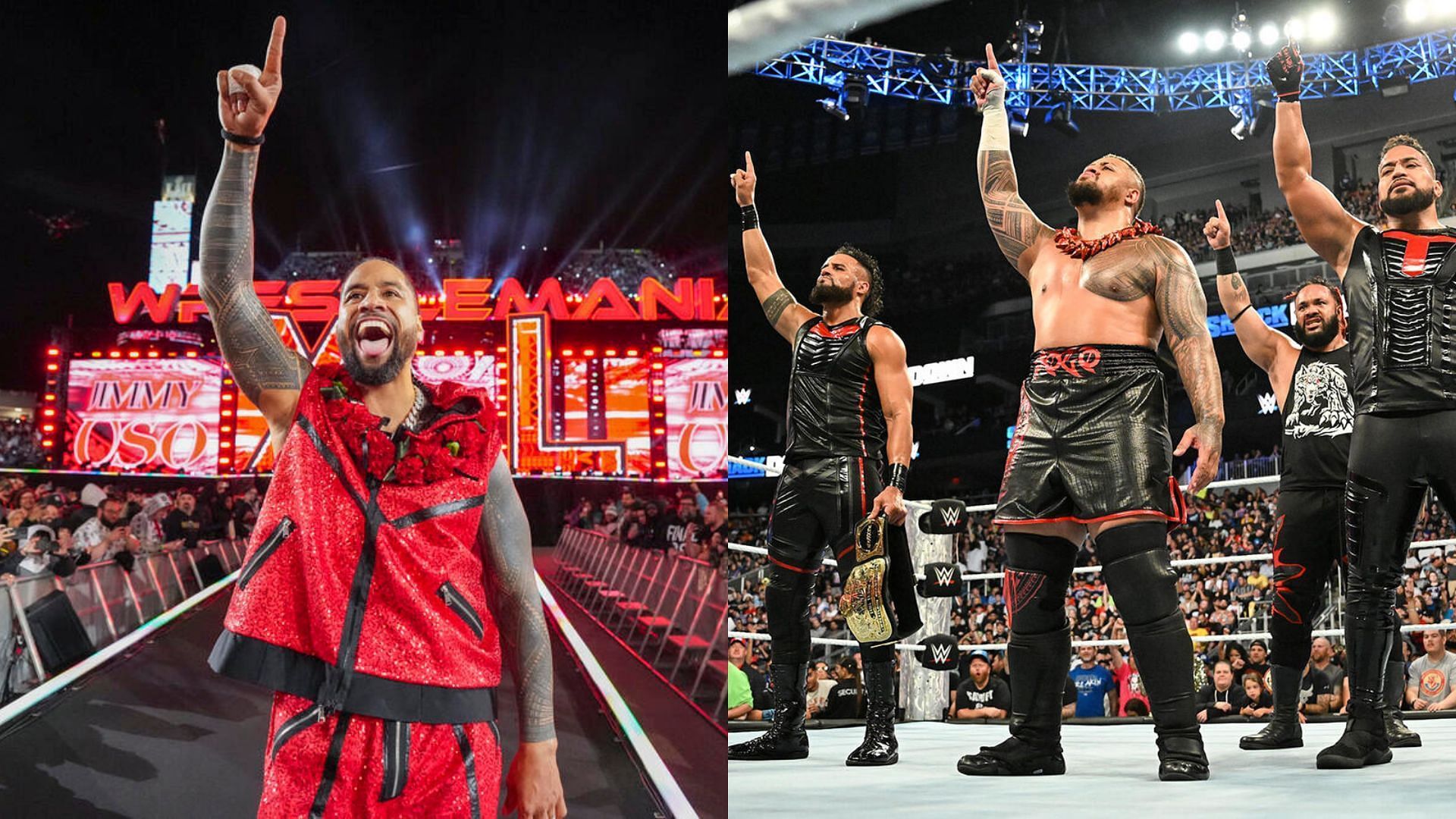 Jimmy Uso (left), The Bloodline (right) (Image Credits: WWE.com)