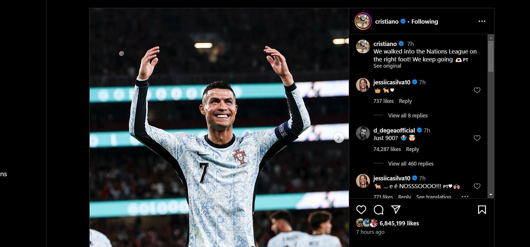 Screenshot of David de Gea commenting on Cristiano Ronaldo's Instagram post