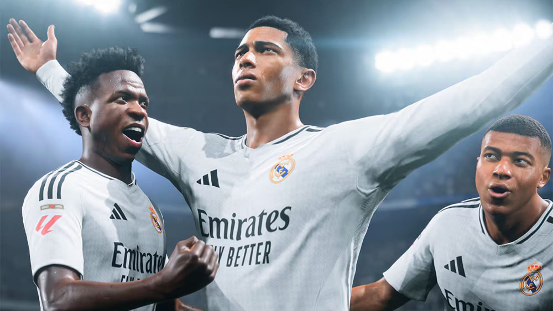 Jude Bellingham celebrating with Vinicius Jr and Kylian Mbappe around in FC 25 (Image via EA)