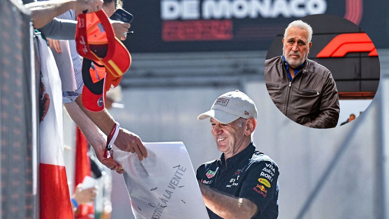 Adrian Newey of Red Bull signing autographs; Aston Martin boss Lawrence Stroll (Image source: Getty)