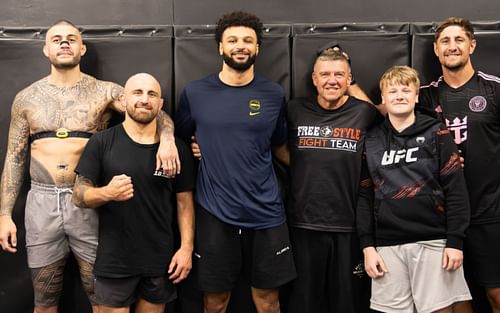 Tyson Pedro (far left), Alexander Volkanovski (second from left), and Jamal Murray (center left) train at Freestyle MMA. [Image courtesy: @alexvolkanovski on Instagram]