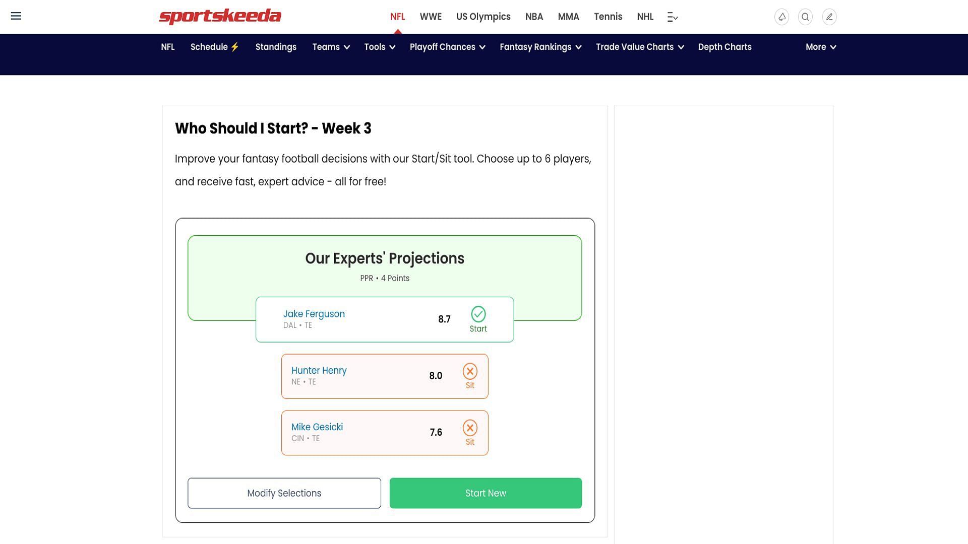 Sportskeeda's Start/Sit Optimizer