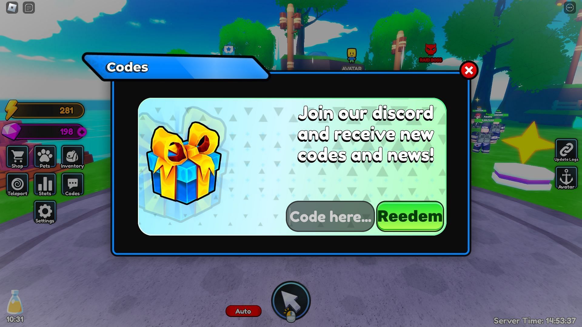 Code box in Anime Blast Simulator (Image via Roblox)