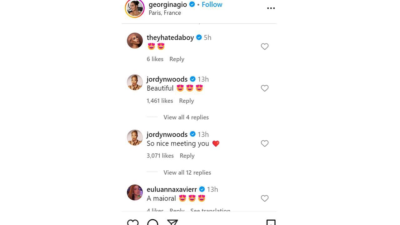 Jordyn Woods reacts to Georgina Rodriguez&#039;s IG post. [photo: @georginagio/IG]