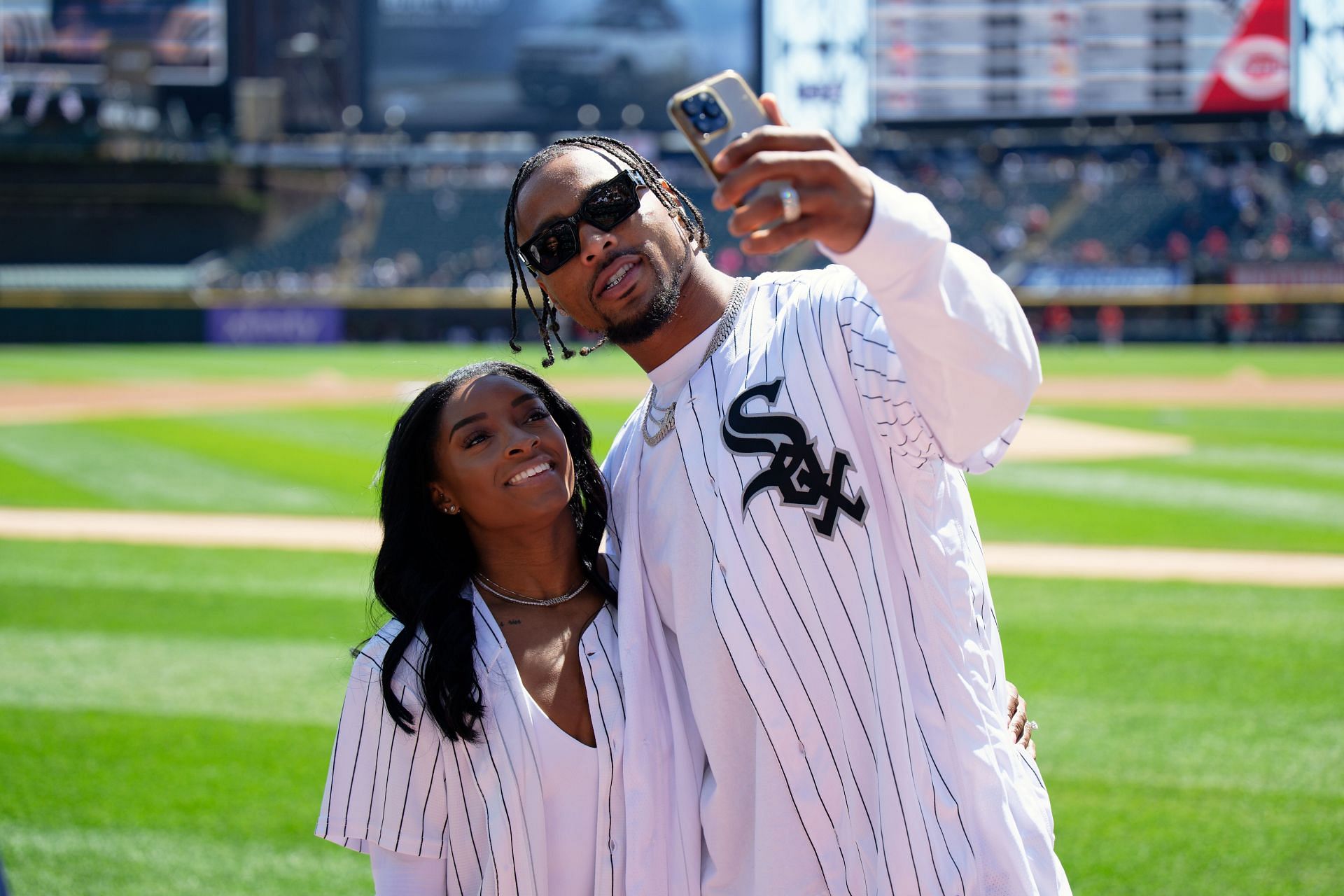 Cincinnati Reds v Chicago White Sox - Simone Biles and husband Jonathan Owens (Source: Getty)