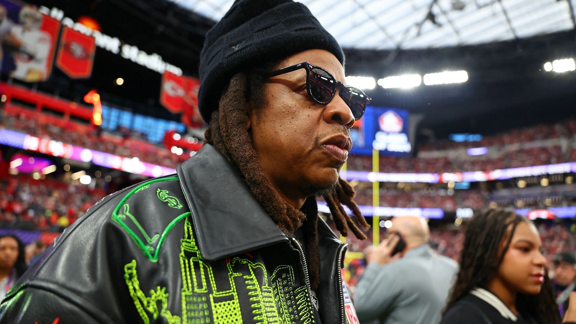 Recording artist Jay-Z walks on the field before Super Bowl LVIII between the San Francisco 49ers and the Kansas City Chiefs at Allegiant Stadium. (Mandatory Credit: Mark J. Rebilas-Imagn Images)