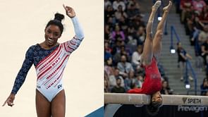 Skye Blakely reacts to Simone Biles trying out her signature mount on the balance beam for Gold Over America Tour