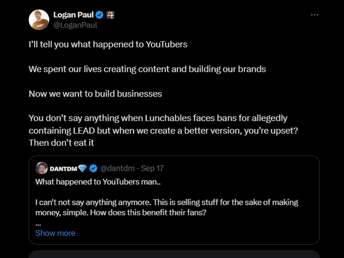 Logan Paul responds to DanTDM&#039;s post (Image via X/Logan Paul)