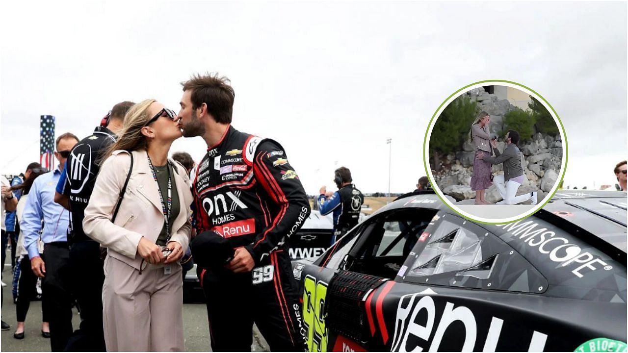 NASCAR driver Daniel Suarez shares untold story about his proposal to wife Julia Piquet(source: Getty/ @juliapiquet on Instagram - top right)