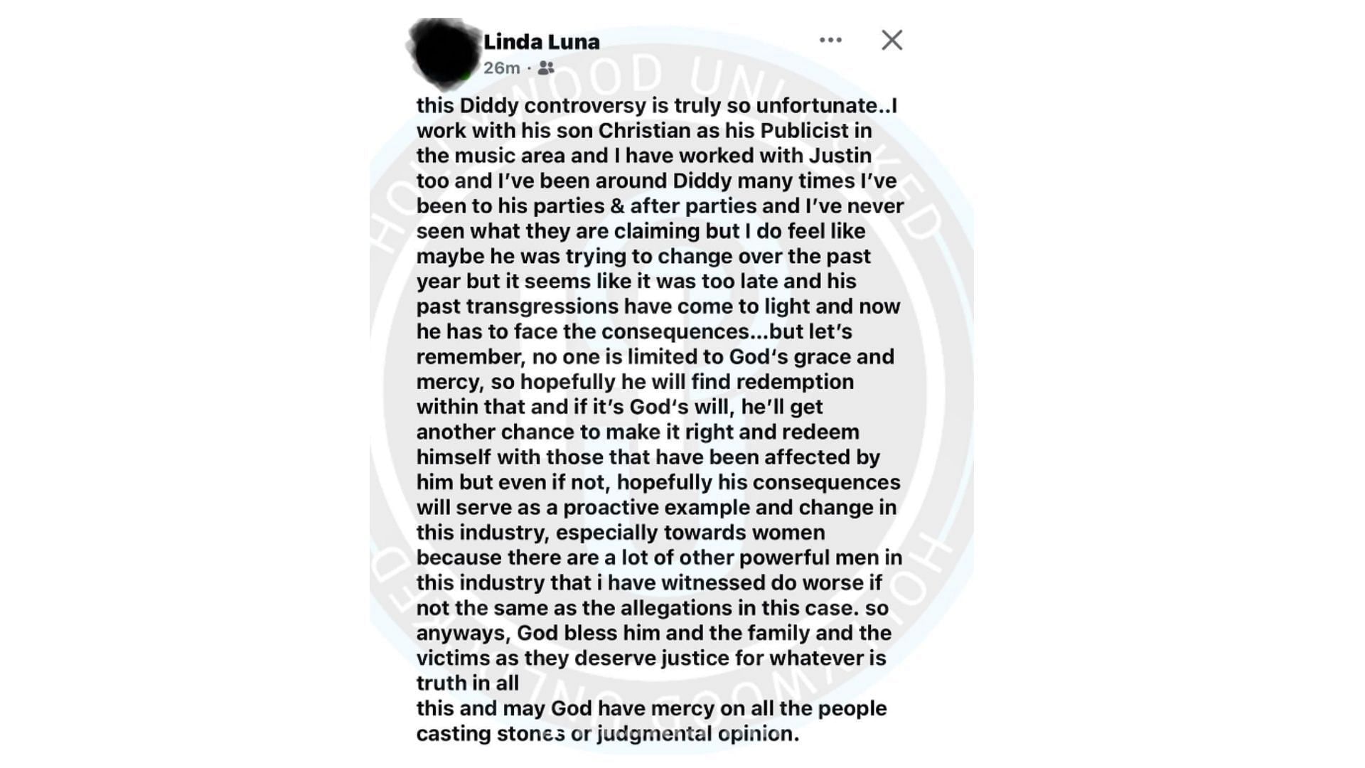 Linda Luna&#039;s viral post on Sean Combs. (Image via Instagram/ hollywoodunlocked)