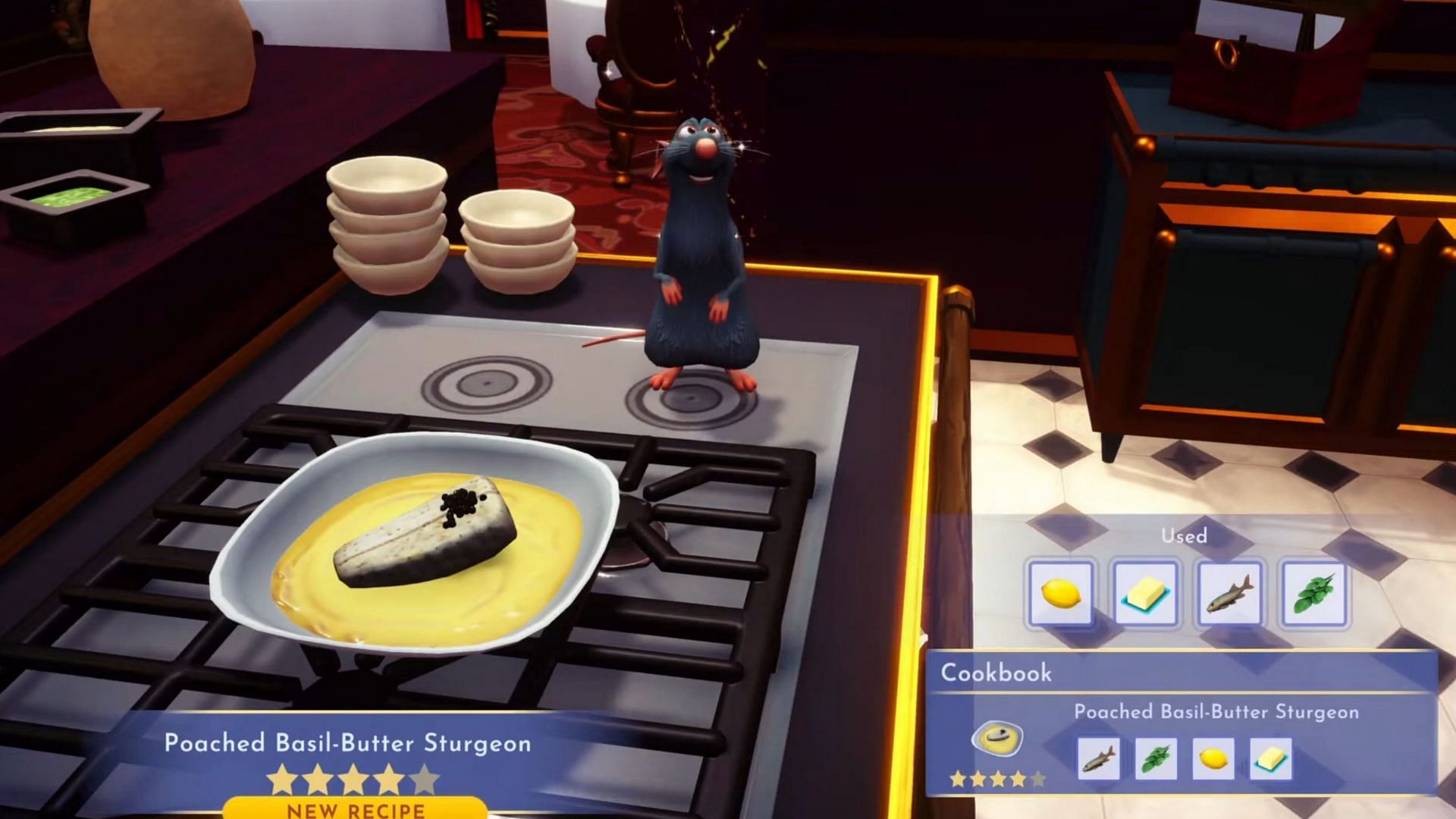 How to cook Poached Basil Butter Sturgeon in Disney Dreamlight Valley (Image via Gameloft)