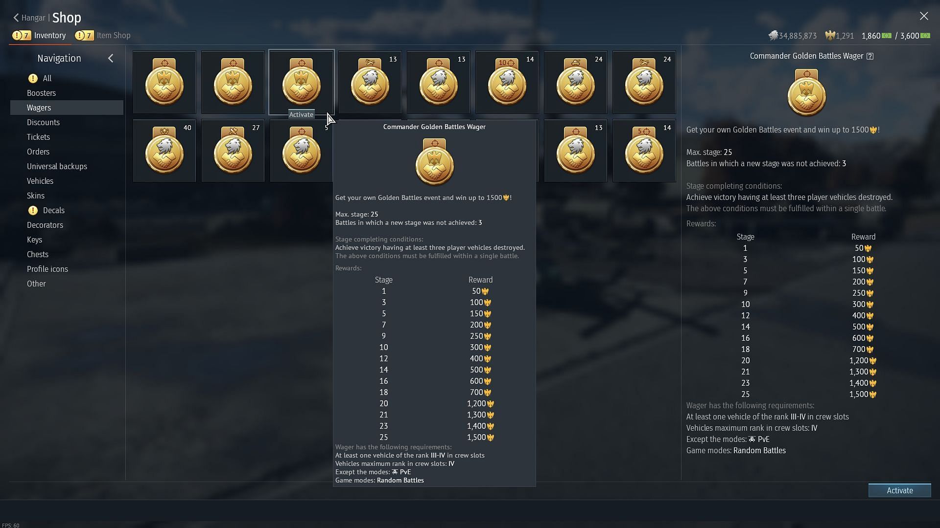 You can earn Golden Eagles by completing Wagers (Image via Gaijin Entertainment)