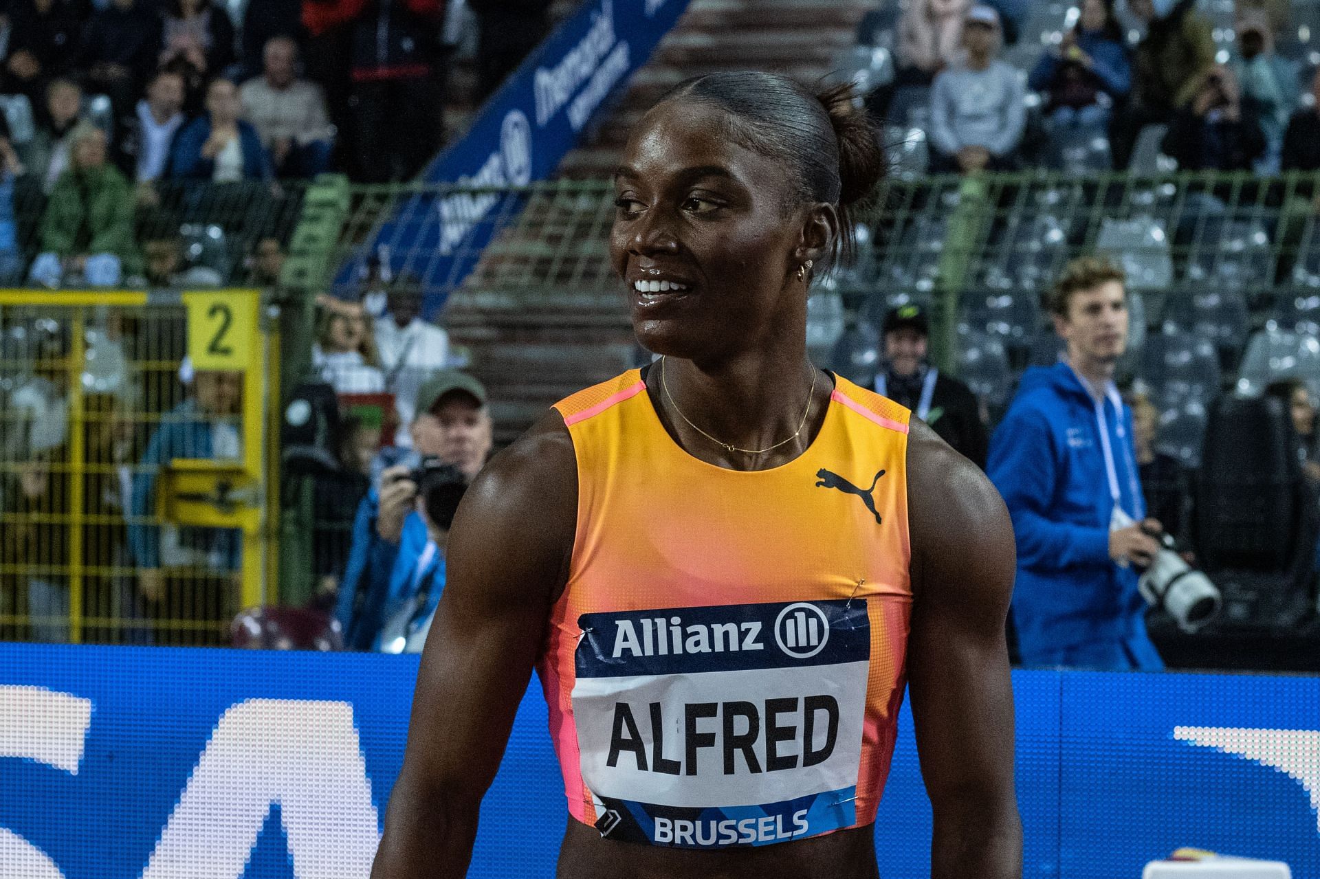 Julien Alfred after winning the 100m event at the Diamond League final (Image Source: Getty)