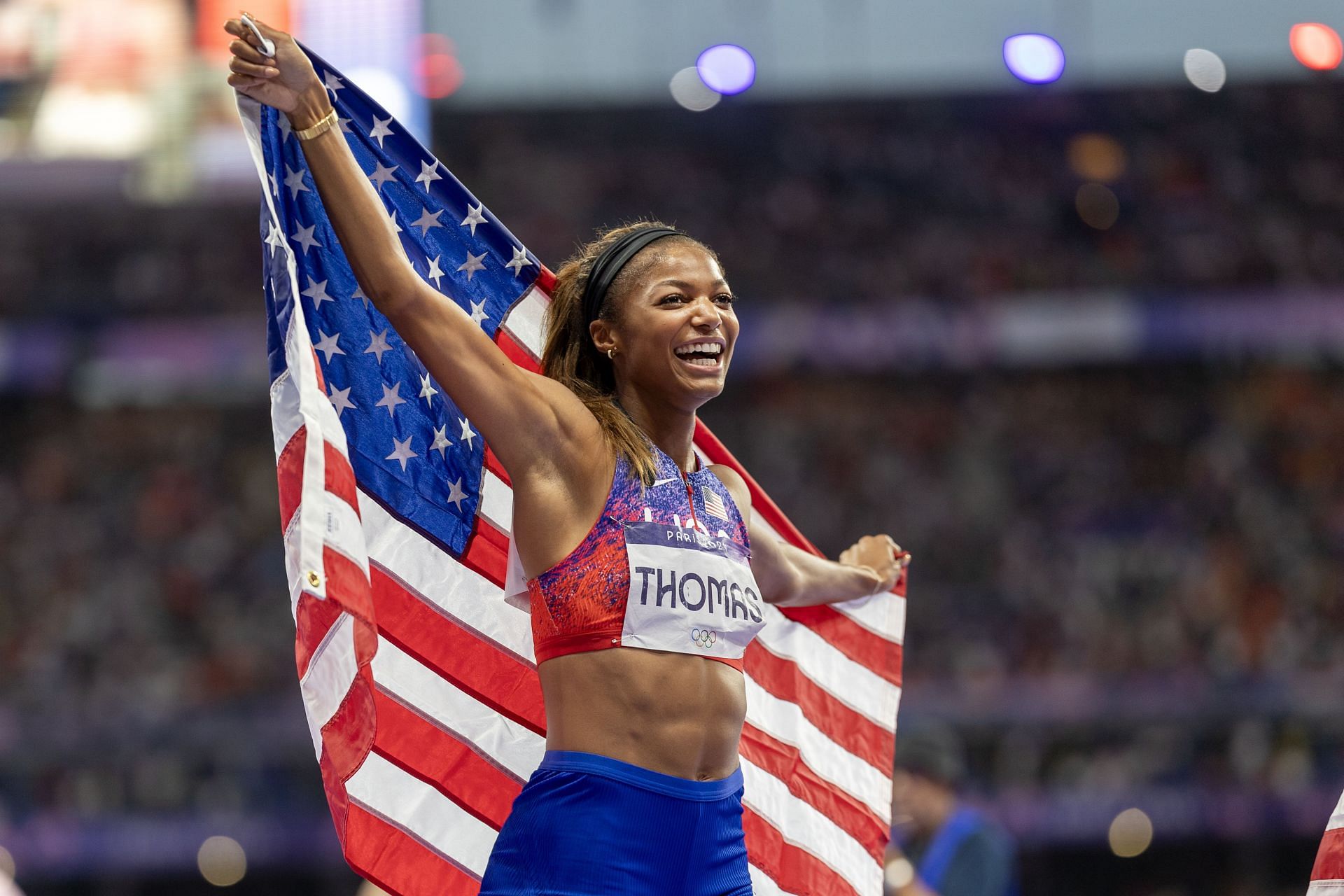 Gabby Thoma celebrates her team&#039;s gold medal win in the Women&#039;s 4 x 400m Relay at the Paris Games 2024 - Source: Getty