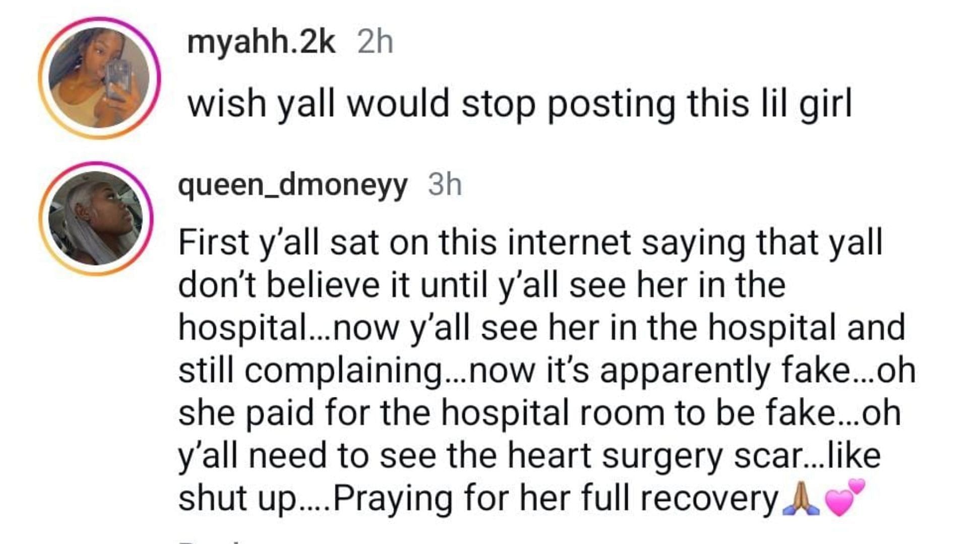 Fans reacted to the news of Lil Tay&#039;s heart surgery. (Image via Instagram / @myahh.2k / @queen_dmoneyy)