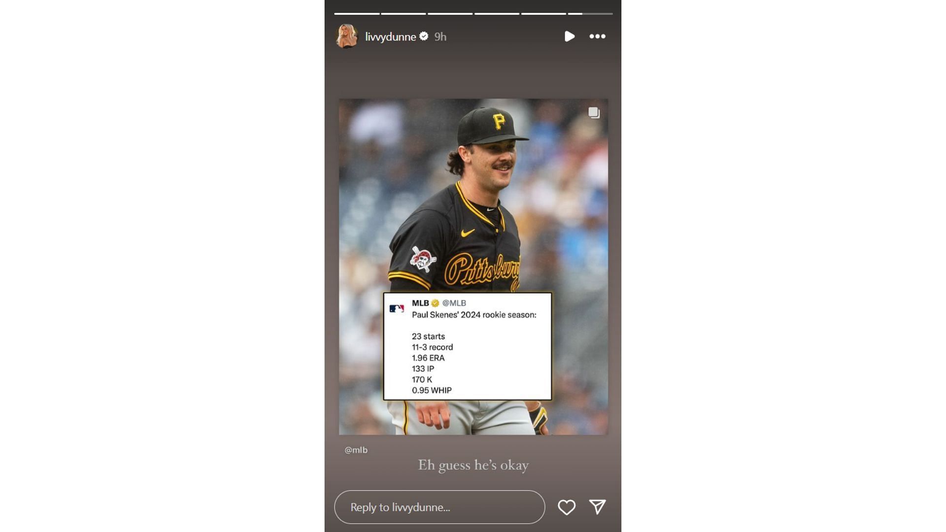 Olivia Dunne&#039;s IG story celebrates Paul Skenes&#039; historic rookie year stats (Source: IG story)