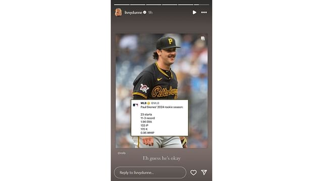 Olivia Dunne&#039;s IG story celebrates Paul Skenes&#039; historic rookie year stats (Source: IG story)