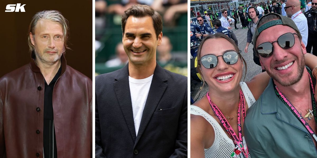 (Left to Right) Mads Mikkelsen, Roger Federer, Aryna Sabalenka, Georgios Frangulis (Source: Getty Images; @arynasabalenka on Instagram)