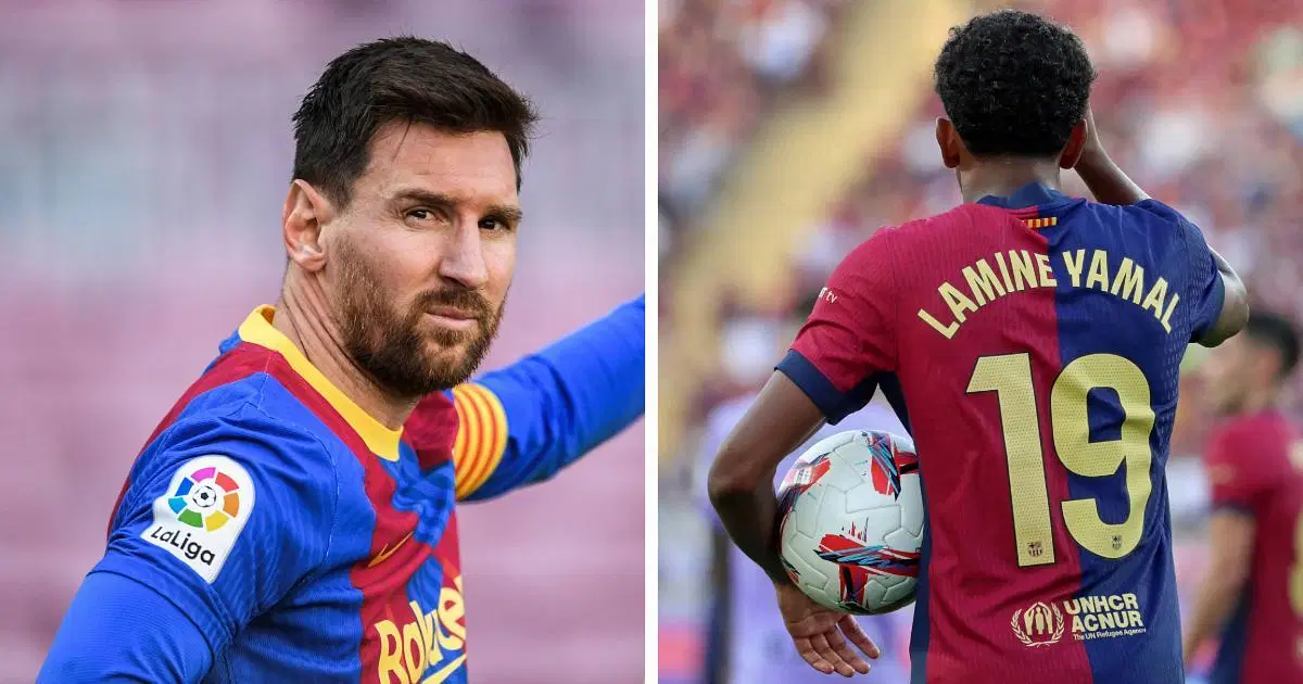 Lionel Messi and Barcelona forward Lamine Yamal