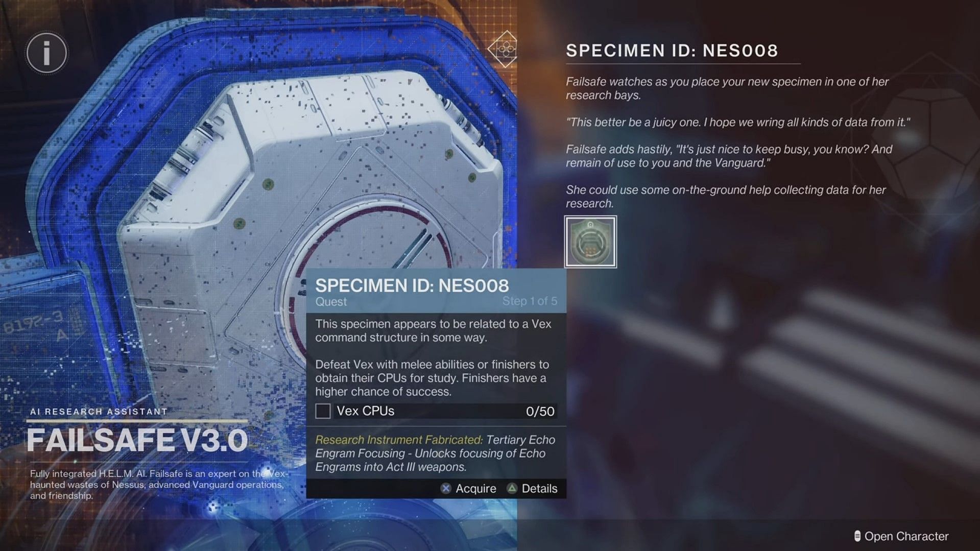 Specimen ID NES008 mission first quest step in Destiny 2 (Image via Bungie)