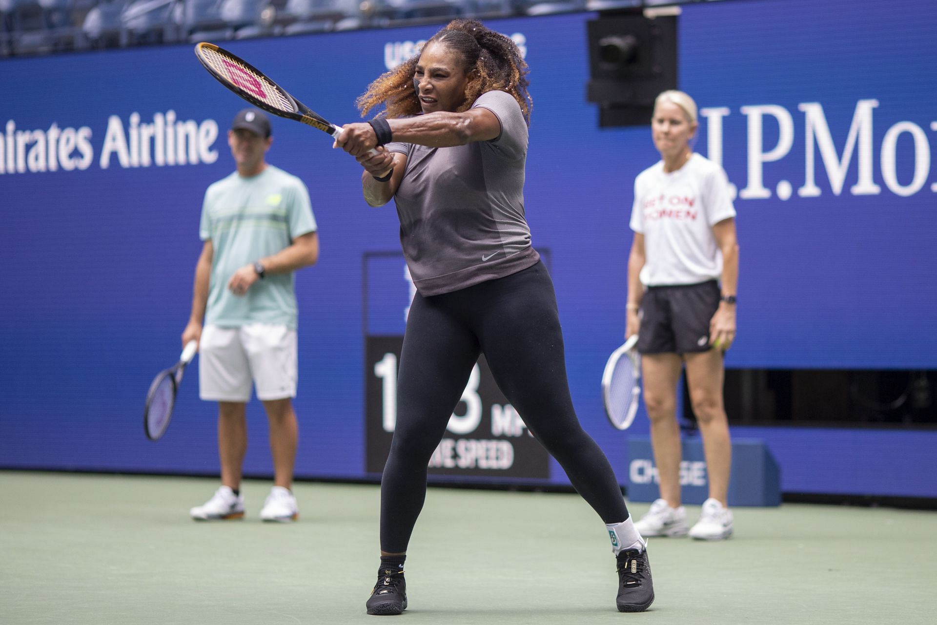 Serena Williams with coach Rennae Stubbs in the background during US Open 2022 (Image: Getty)