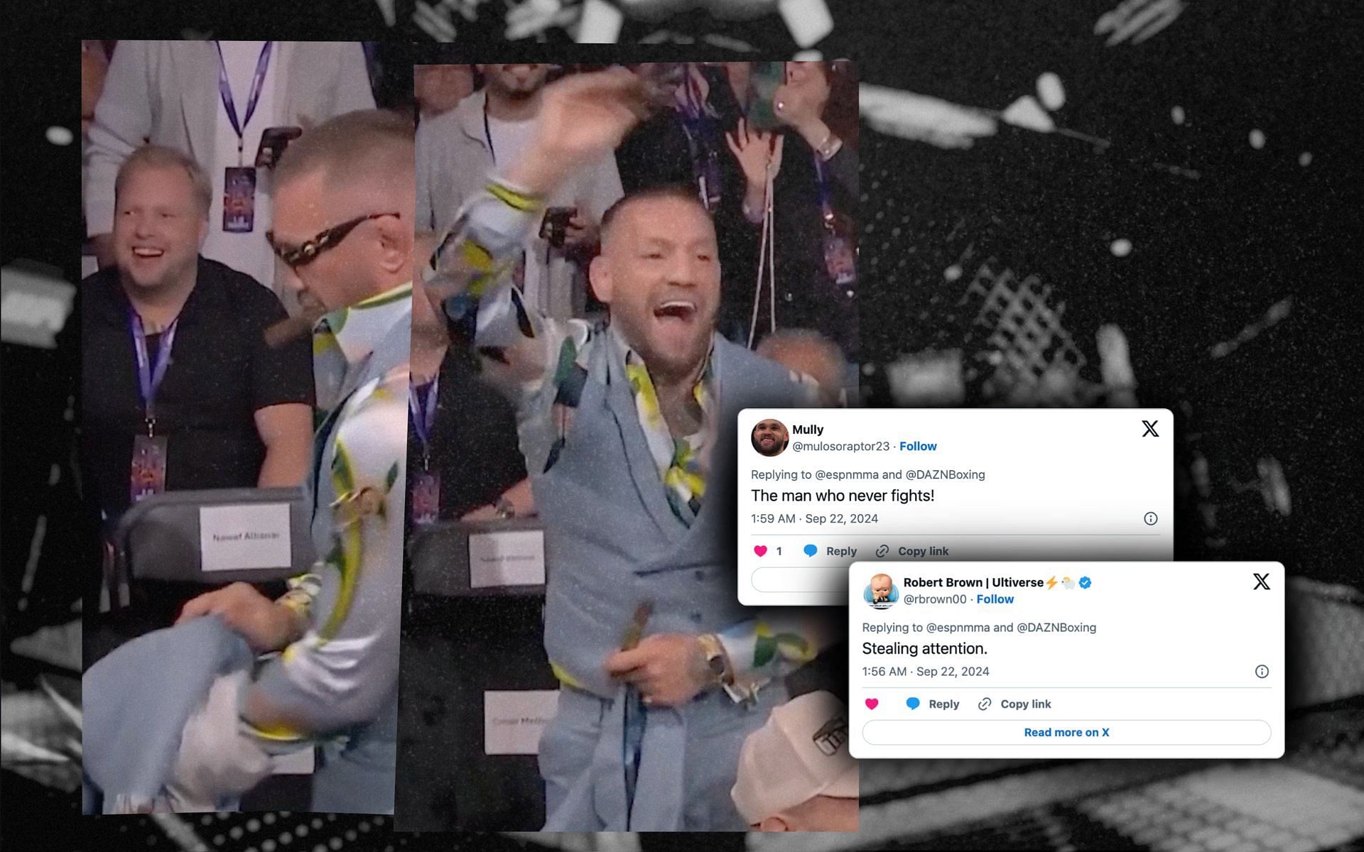 Fans react to Conor McGregor attending the Dubois vs. Joshua fight event in style. [Image courtesy: @espnmma via X]